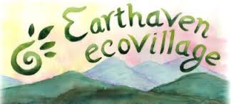 Logo for Earthaven Ecovillage watercolor style with mountains and plant